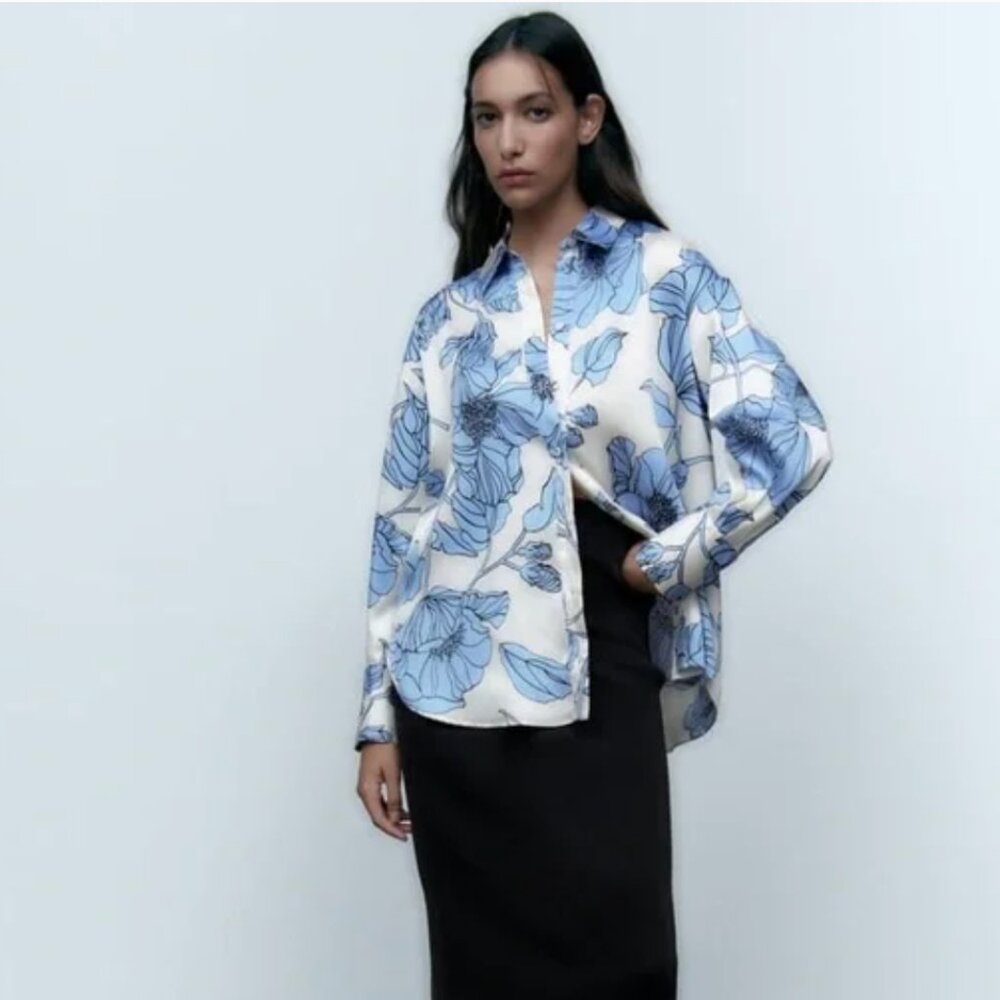 Zara Ecru / Blue Floral Print Shirt Size L